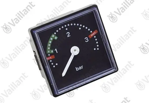 Vaillant-Manometer mit quadratischem Gehäuse und Skala, die Druckwerte von 0 bis 3 bar anzeigt. Der Zeiger befindet sich zwischen den Minimum- und Maximum-Markierungen.
